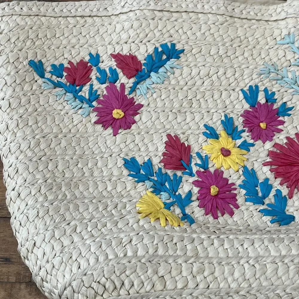 Gap Kids Paper Beach Tote Bag Handbag One Size Embroidered Floral Natural